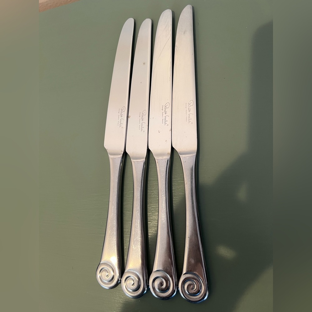 Robert Welch Stainless AMMONITE Dinner Knife Swirl Flatware 4 knives Silverware